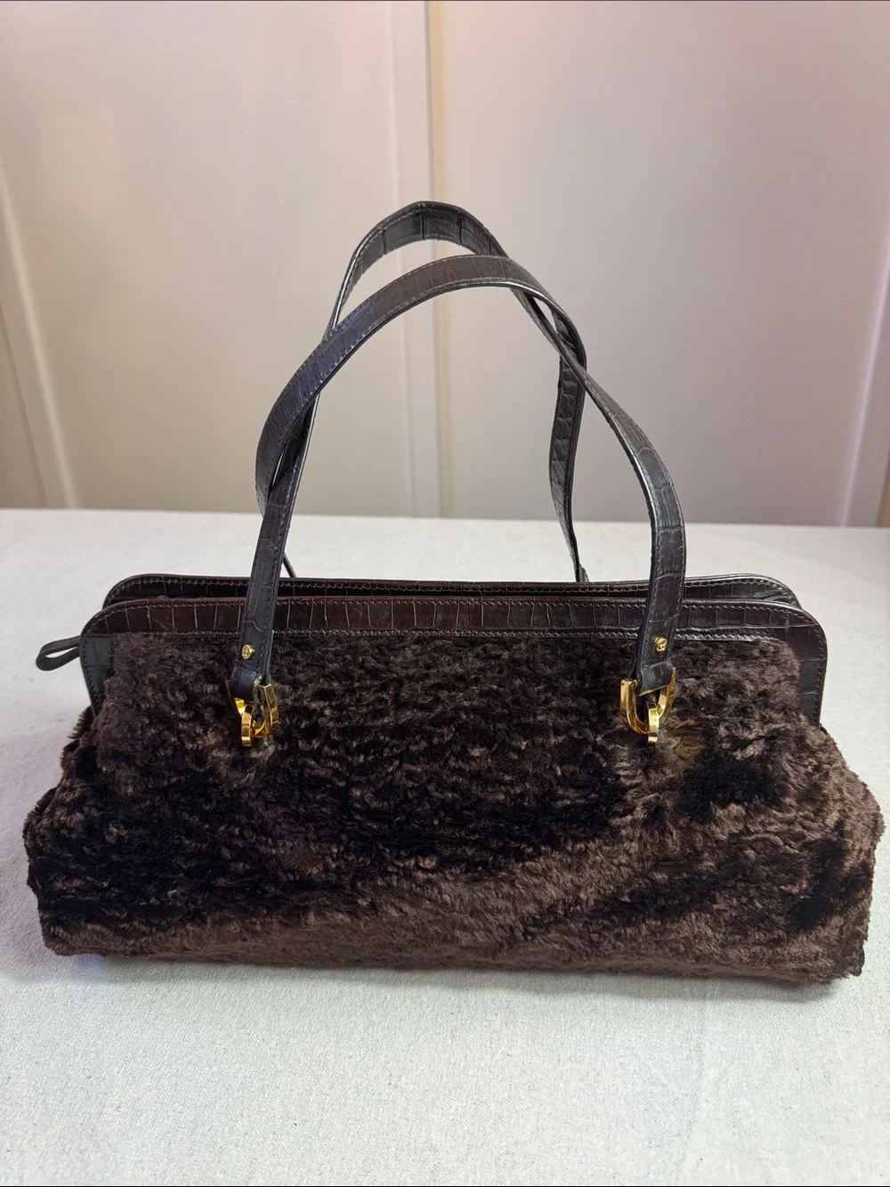 Kate Spade Plush Faux-Shearling Shoulder Bag in Dark Brown